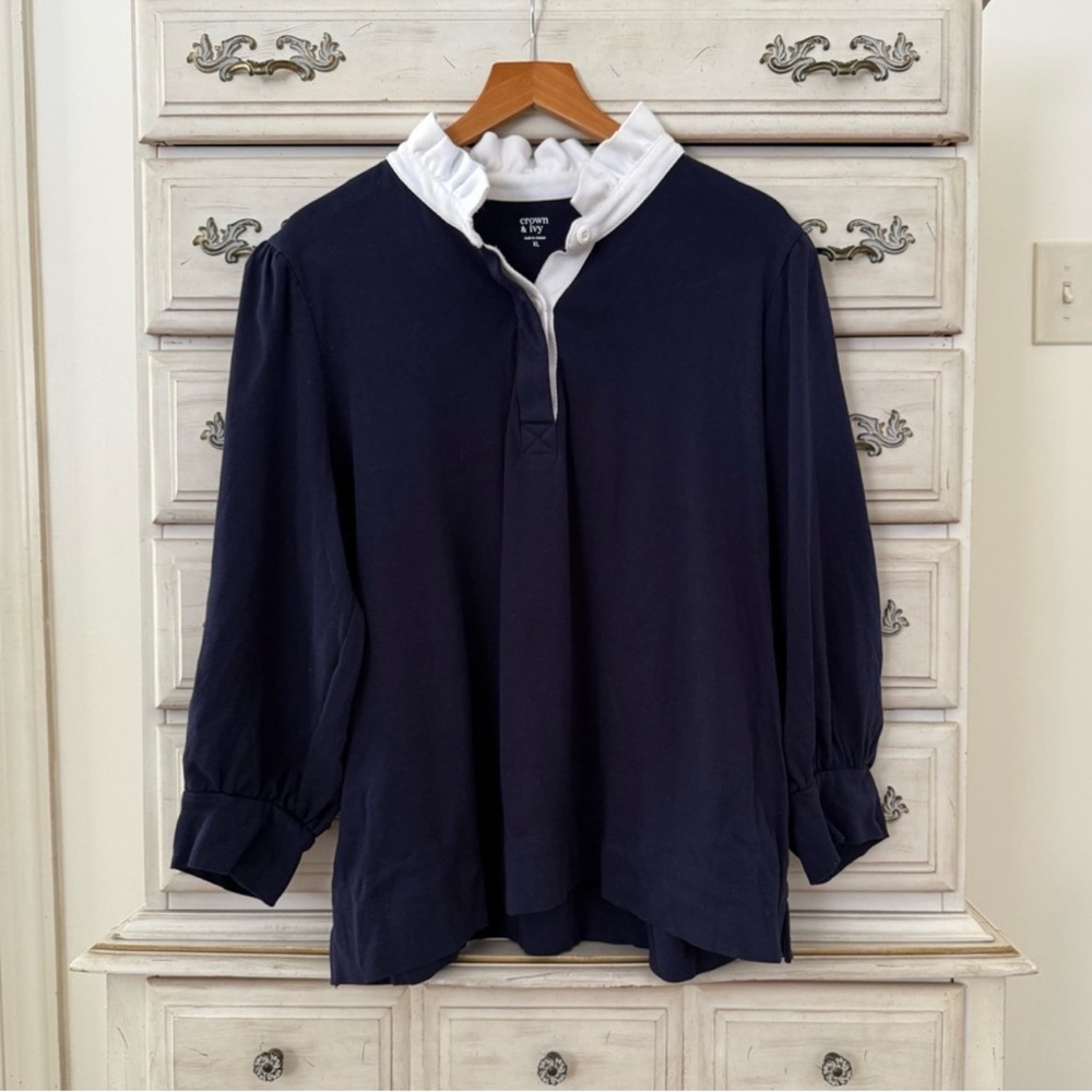 crown & ivy Navy Blouse with White Ruffle Collar